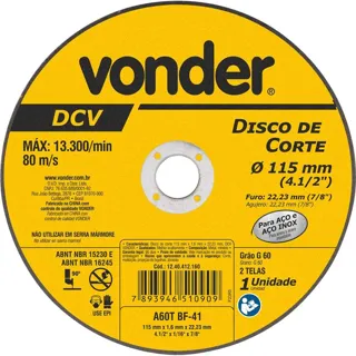 Disco de corte 115 mm x 1,6 mm x 22,23 mm, DCV